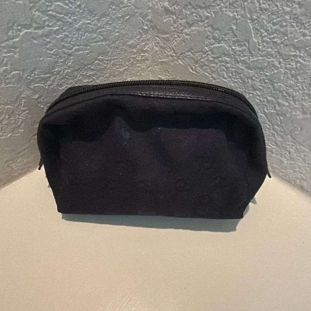 Gucci Zip Top Pouch Black GG Monogram Print Minimalist Cosmetic Travel Luxury